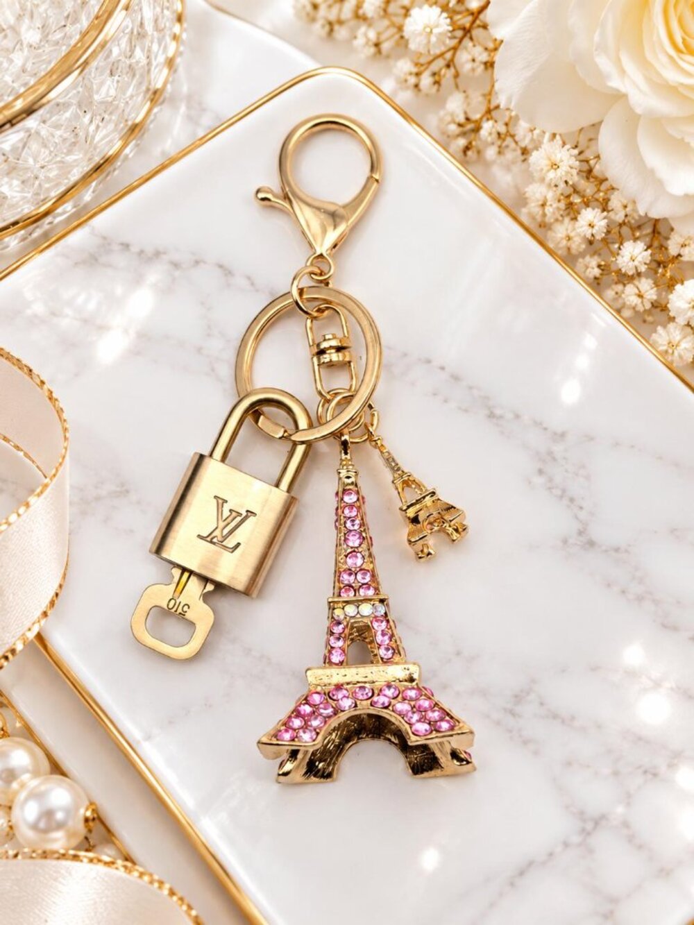 LV Gold Padlock π Authentic Louis Vuitton Charm + Unbranded Eiffel Tower Charm